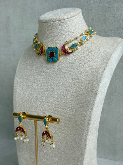 Ayura Designs Mahi Choker Set with Earrings – Meenakari Kundan Turquoise Blue & Hot Pink Detailing