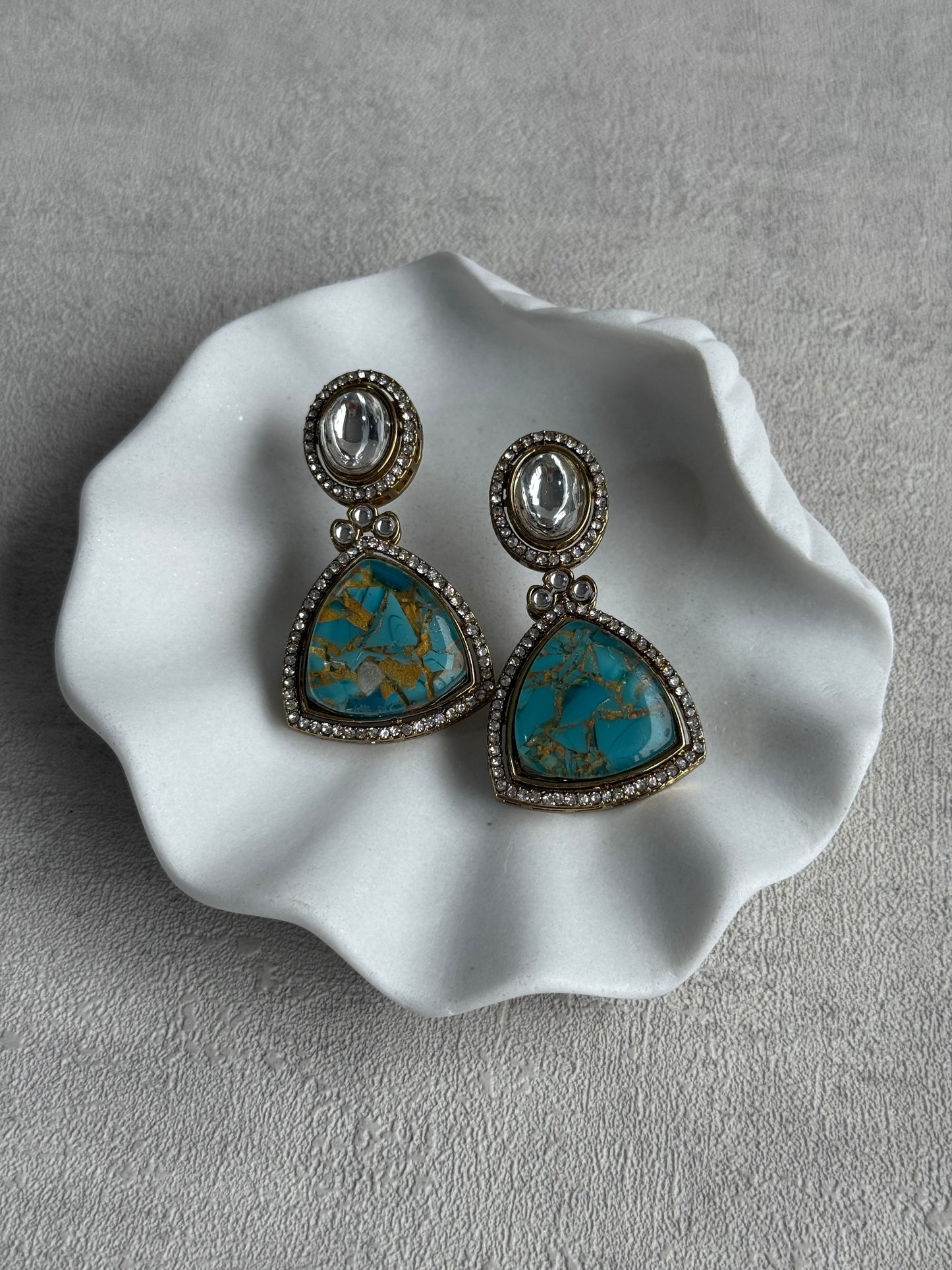 Ayura Designs Florence Earrings – Mirror Cut Studs with Turquoise Marble Resin & Crystal Borders