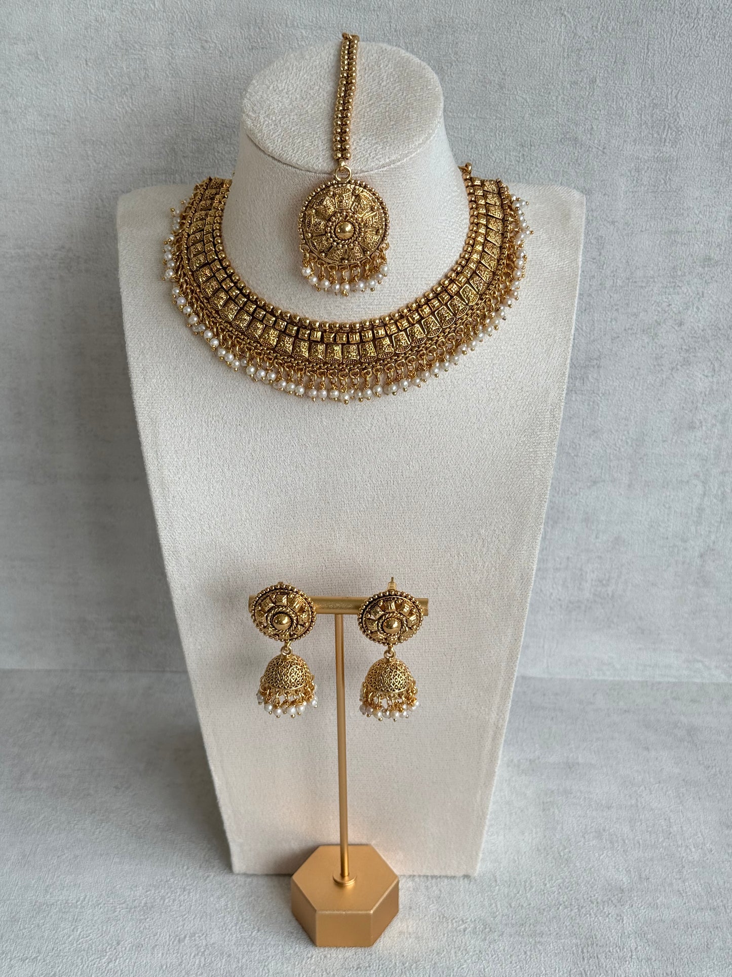 Ayura Designs Iksirat Necklace Set with Jhumkis & Tikka – Gold Heritage Design with Pearl Detailing