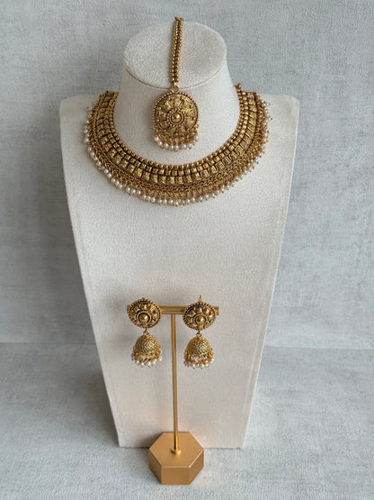 Ayura Designs Iksirat Necklace Set with Jhumkis & Tikka – Gold Heritage Design with Pearl Detailing