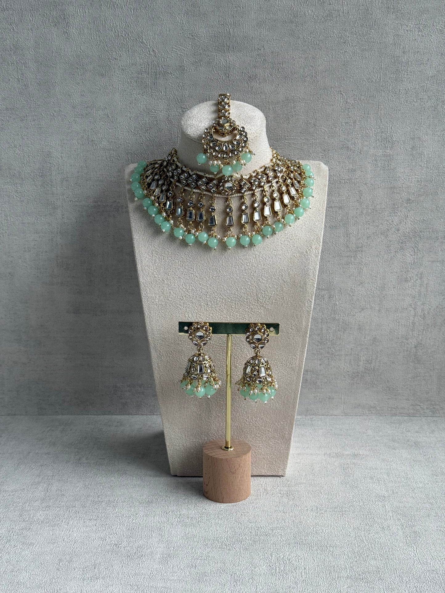 Ayura Designs Shaheen Set with Jhumkis & Tikka – Pistachio Green Beads, Mirror Kundan & Gold Finish