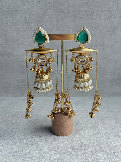 Ayura Designs Hoorza Earrings – Kashmiri Earrings with Mint Green Stones, Pearl Detailing & Ghungroo Chains