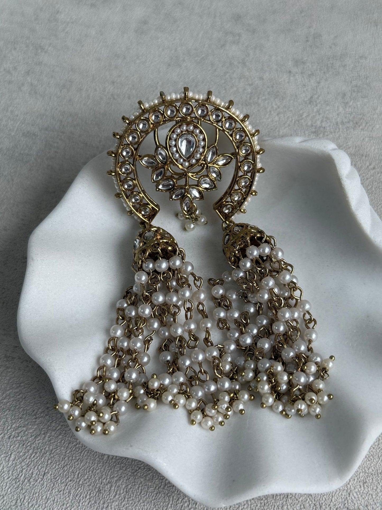 Ayura Designs Kamya Hair Brooch – Crescent Polki Design with Pearl Tassels & Antique Gold Finish