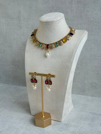 Ayura Designs Padma Necklace Set with Earrings – Multicolour Stones with Pearl Drop Detailing