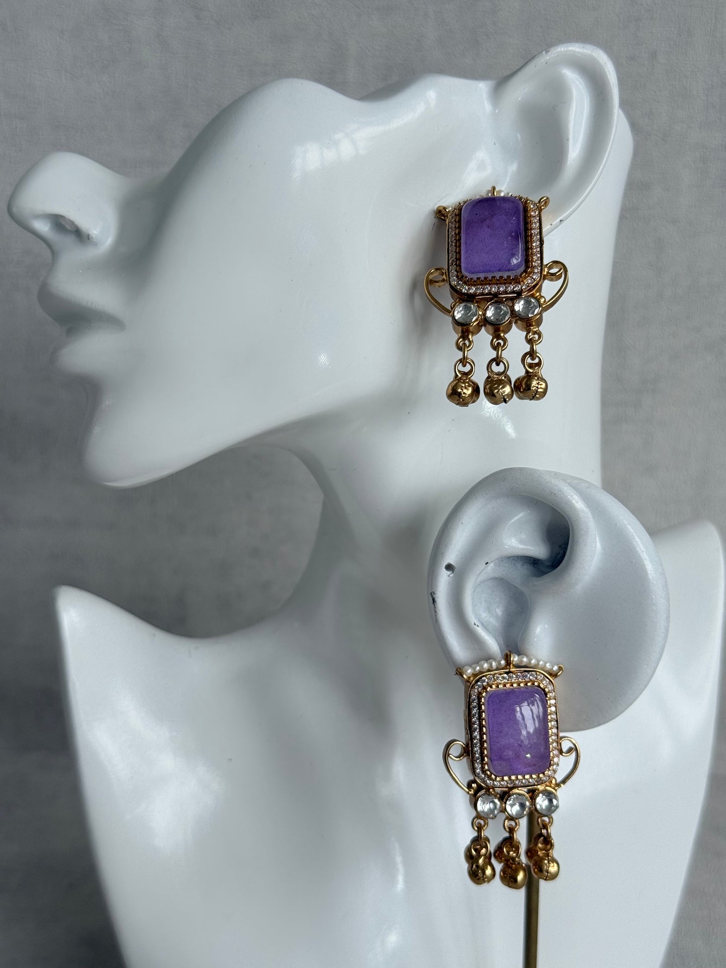 Ayura Designs Aleena Earrings – Lilac Stone Stud Earrings with Pearls & Ghungroo Detailing