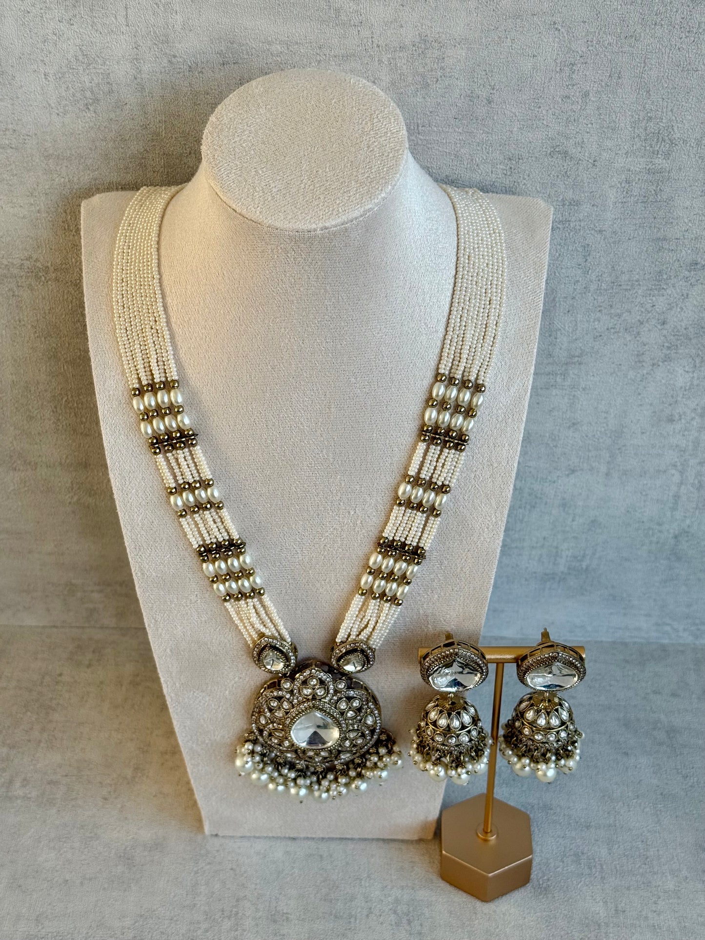 Ayura Designs Brielle Set – Necklace & Jhumkis with Mirror-Cut Stones & Ivory Pearls