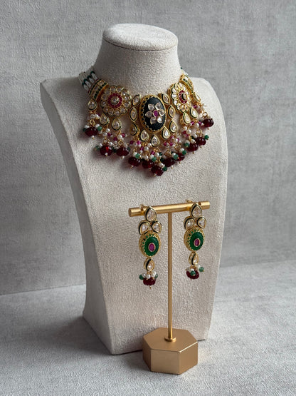 Ayura Designs Kavia Set – Necklace & Earrings with Kundan Stones, Green Enamel, Ruby & Emerald Beads, and Pearl Detailing