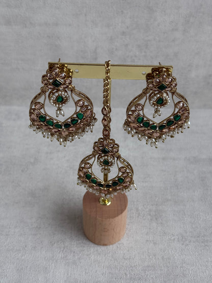 Ayura Designs Damini Tikka Set – Mirror-Cut Kundan Earrings & Tikka with Emerald Green Enamel and Pearl Detailing