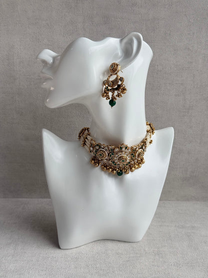 Ayura Designs Sufna Choker Set with Earrings – Emerald Green Stones, Pearl Strands & Kundan Detailing