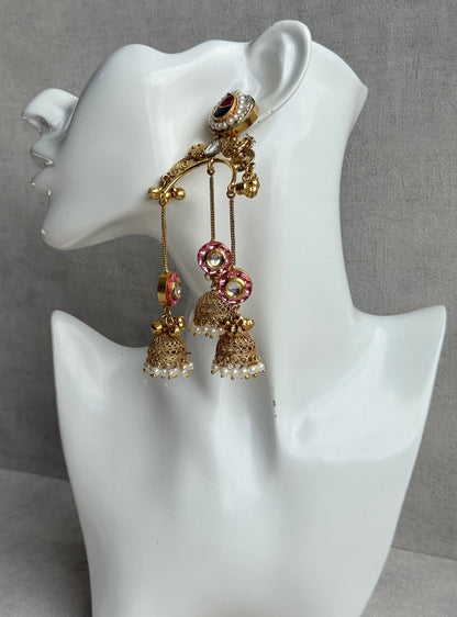 Ayura Designs Arzina Earrings – Triple Jhumki Earrings with Blush Pink Stones, Pearl Borders & Gold Detailing