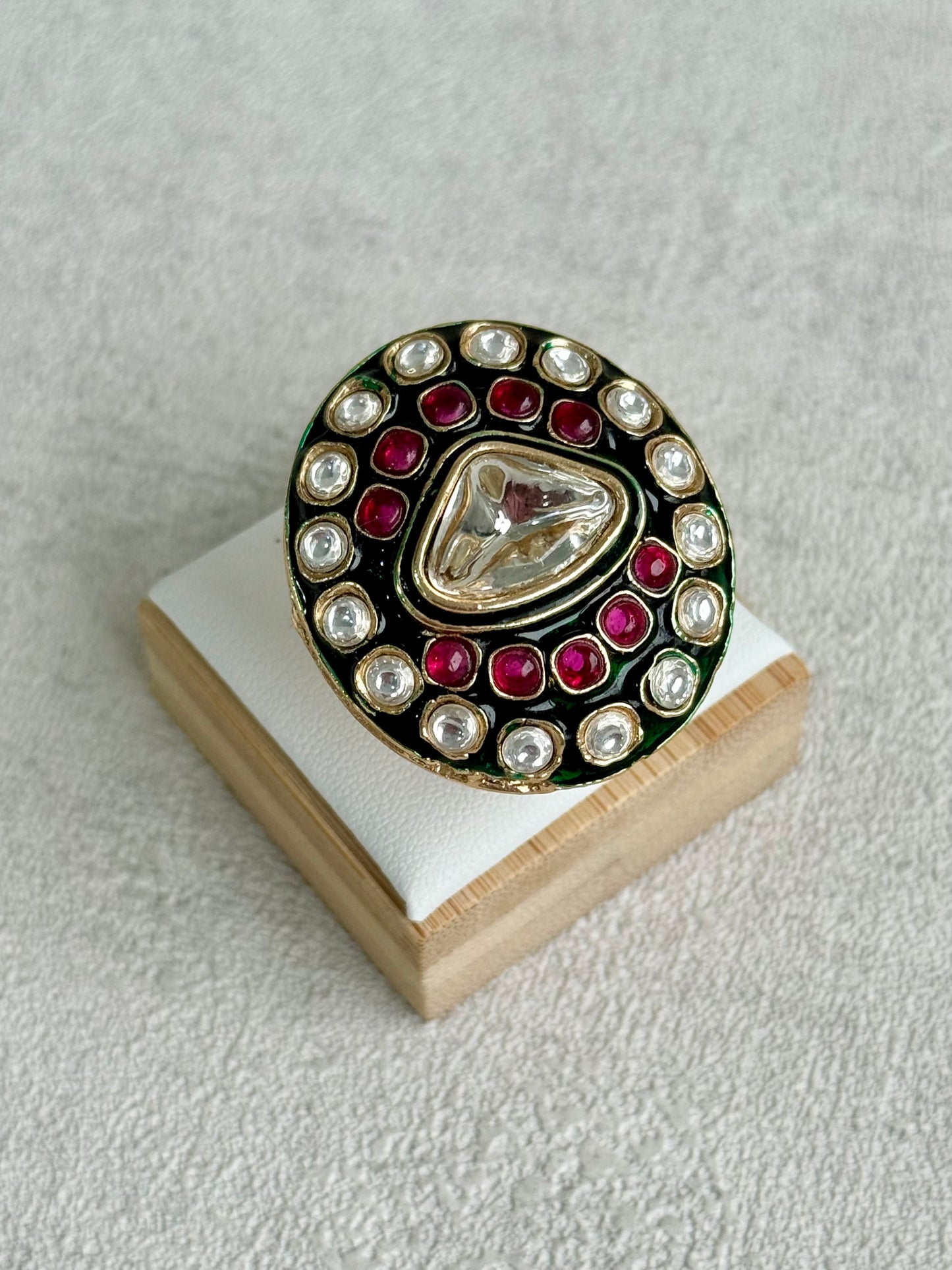 Ayura Designs Firdos Adjustable Ring – Mirror-Cut Stone Statement Ring with Green Enamel & Ruby Pink Detailing