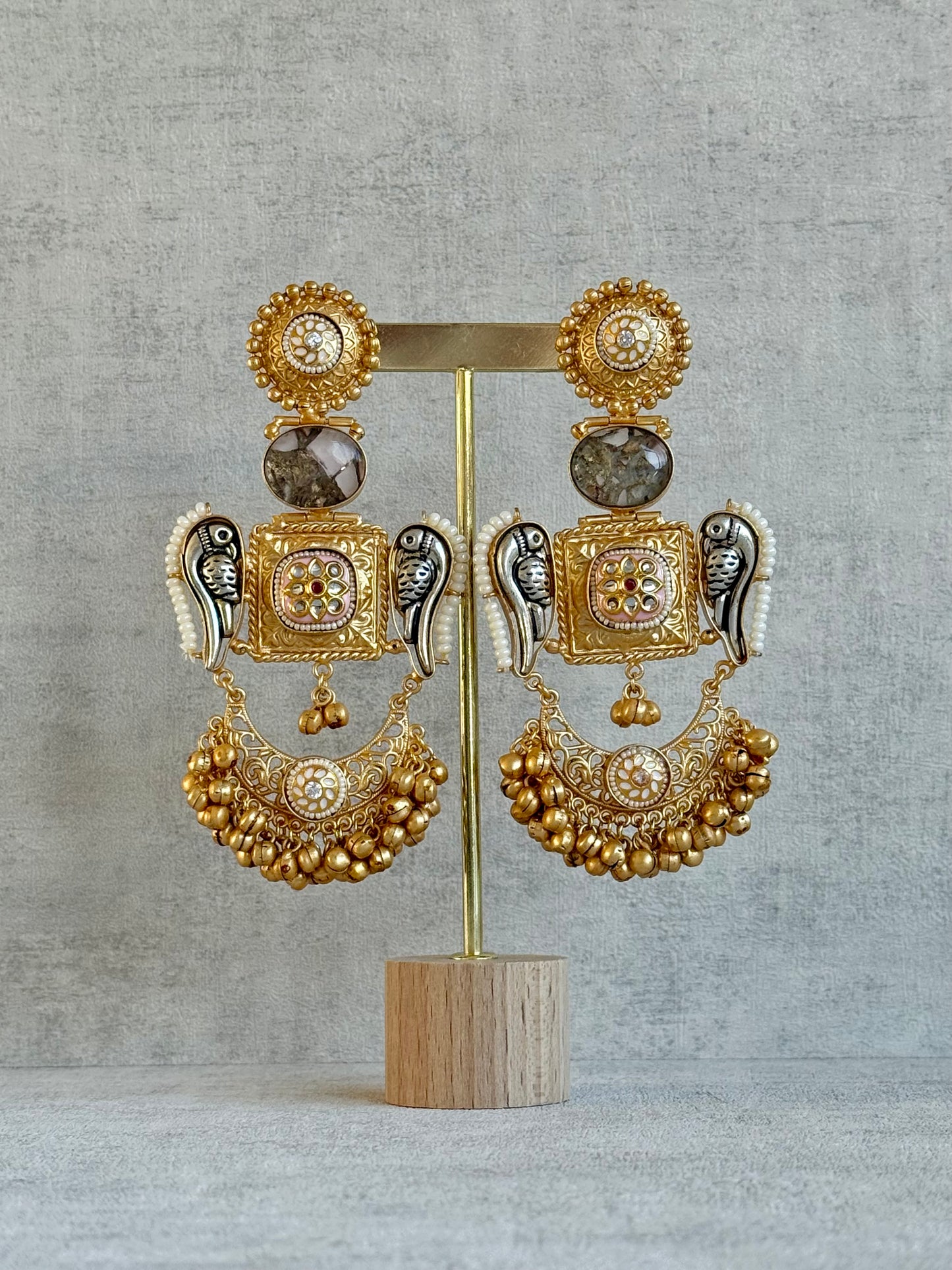 Ayura Designs Soha Earrings – Antique Gold with Smoky Grey Stone & Oxidised Parrots