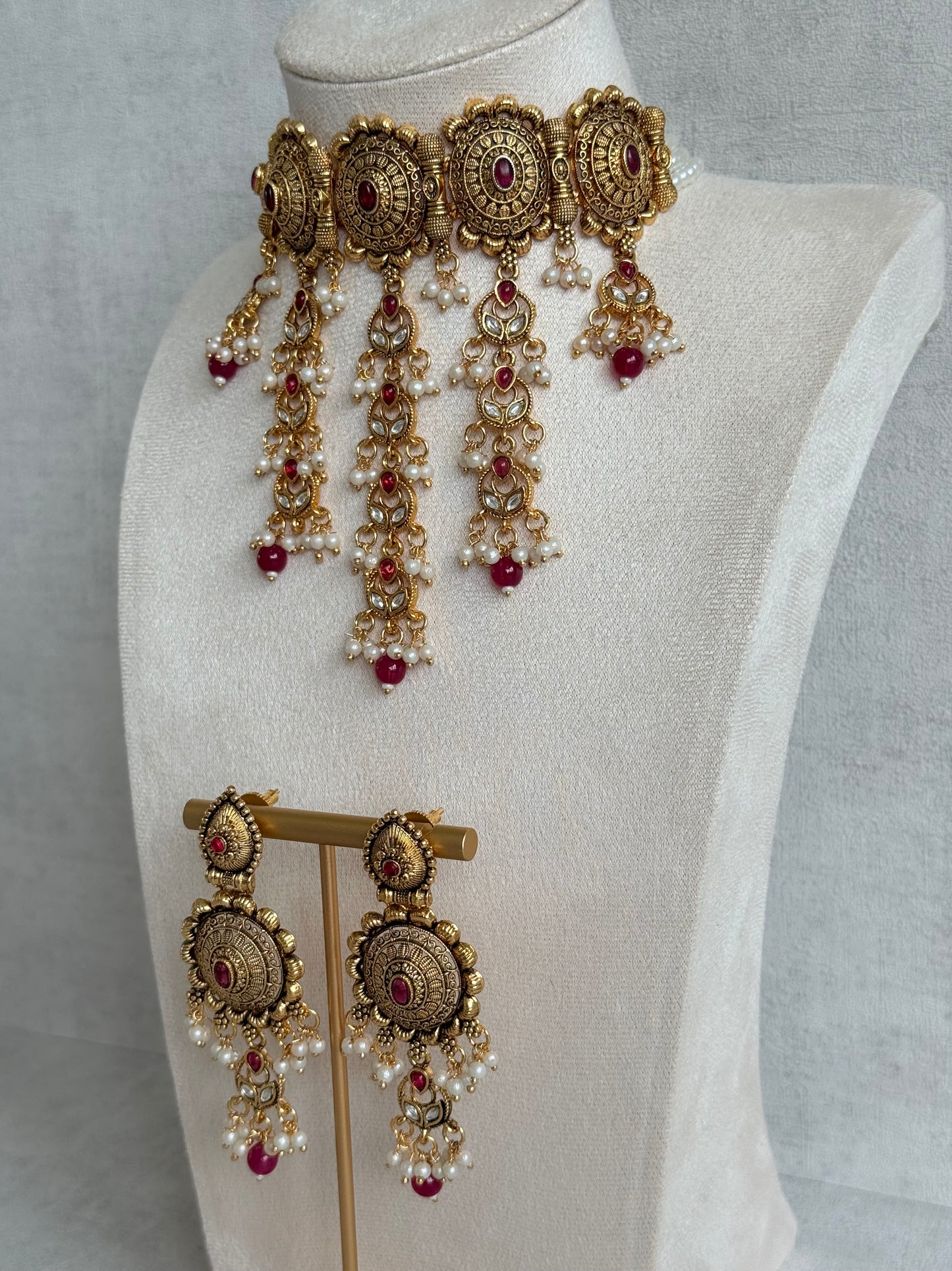 Ayura Designs Kabini Choker Set with Earrings – Gold Kundan Waterfall Choker with Ruby Pink Beads & Pearls