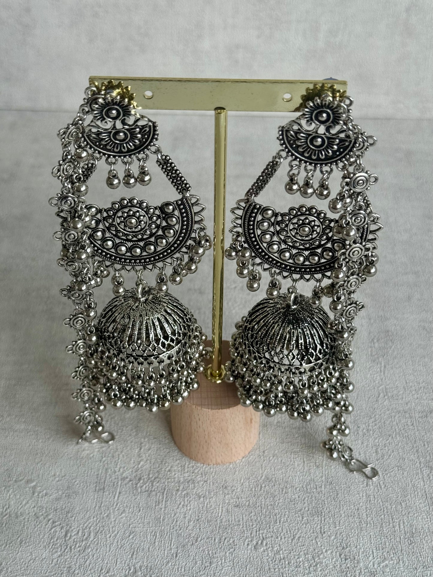 Ayura Designs Jhoomar Jhumkis – Oxidised Silver Earrings with Tribal Motifs, Ghungroos & Sahare