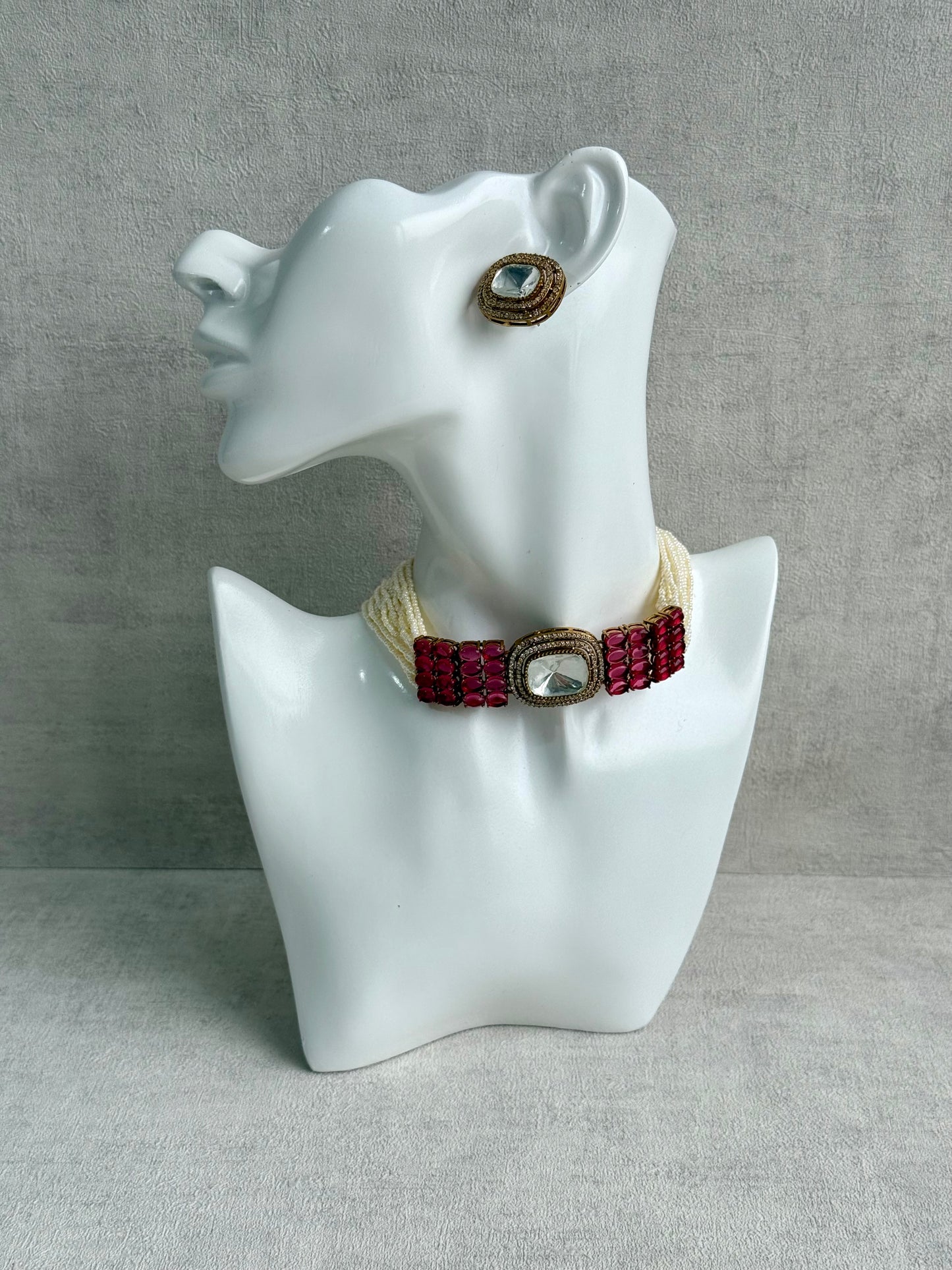 Ayura Designs Emma Choker Set – Ruby Fuchsia Gemstone Choker & Studs with Mirror-Cut Centrepiece, Pearl Strands & Crystal Borders