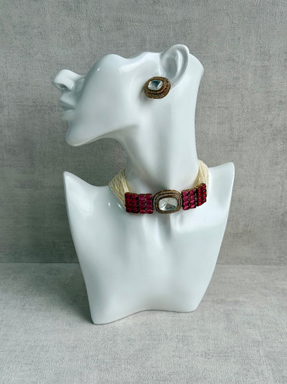 Ayura Designs Emma Choker Set – Ruby Fuchsia Gemstone Choker & Studs with Mirror-Cut Centrepiece, Pearl Strands & Crystal Borders