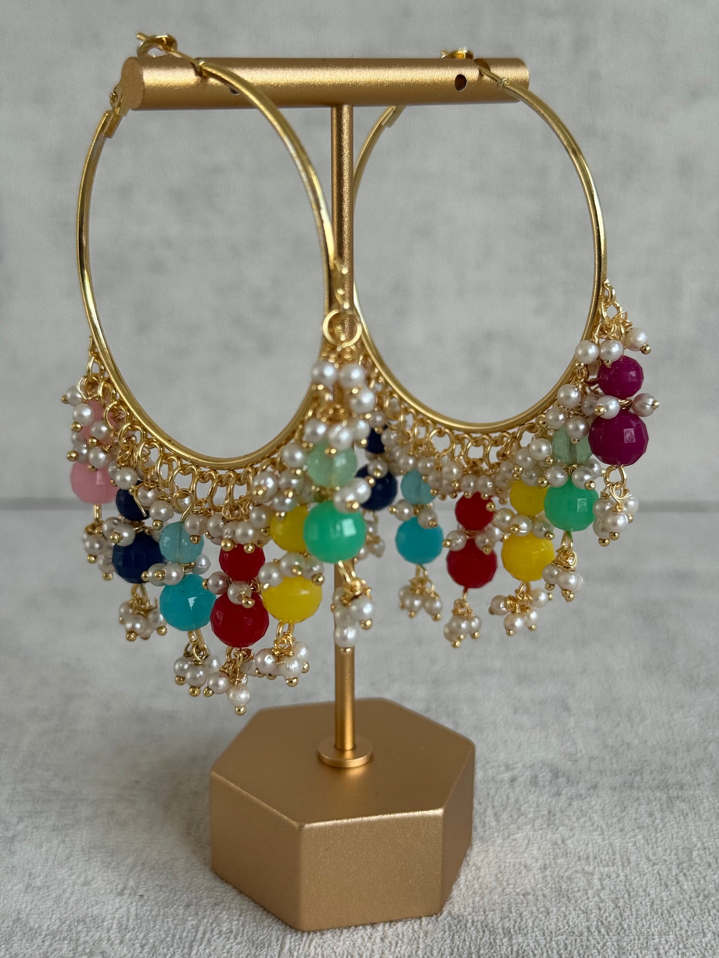 Ayura Designs Bijli Balis – Multicolour Beads, Pearl Clusters, Gold-Tone Hoop Earrings
