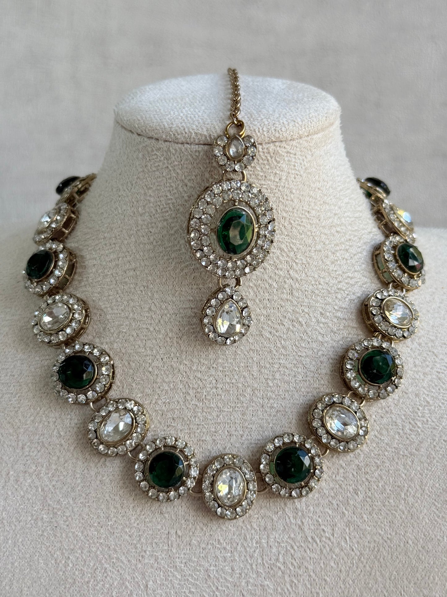 Ayura Designs Eira Necklace Set with Earrings & Tikka – Emerald Green & Crystal Stones with Antique Gold Finish
