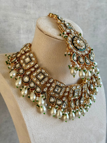 Ayura Designs Ishrat Set with Necklace, Earrings & Tikka – Kundan Detailing & Ivory Pearl Drops