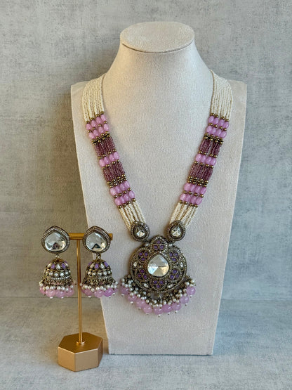 Ayura Designs Brielle Set – Necklace & Jhumkis with Mirror-Cut Stones, Dual-Tone Lilac & Ivory Beads