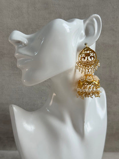 Ayura Designs Pannu Jhumkis – Pippal Patti Gold Jhumkis with Pearl Detailing