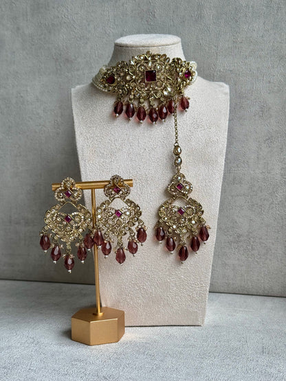 Ayura Designs Alveena Set – Majestic Gold-Tone Choker, Opulent Chandelier Earrings & Tikka, Lavishly Adorned with Radiant Wine-Tinted Crystals