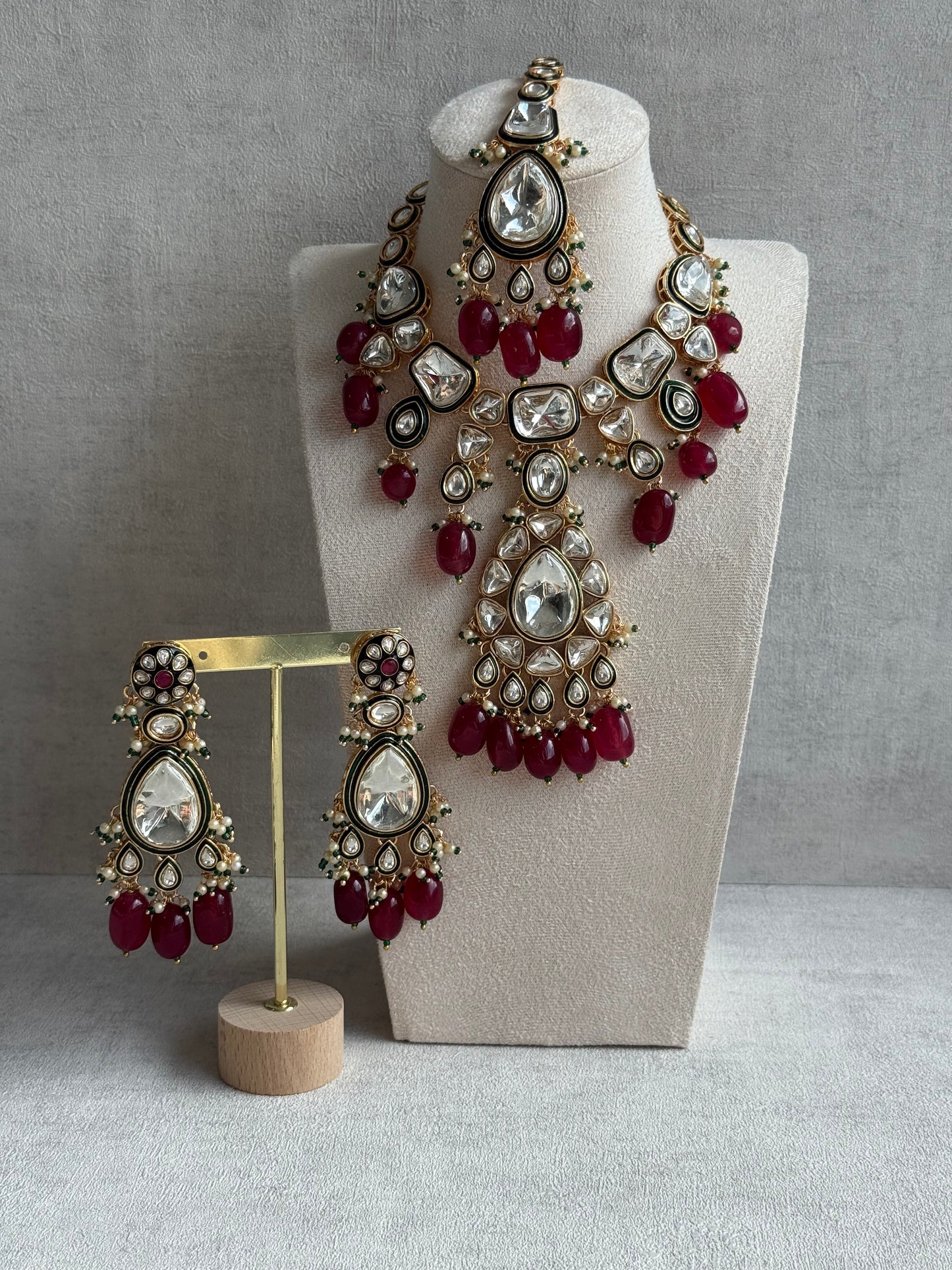 Ayura Designs Serhat Set – Necklace, Earrings & Tikka with Ruby Red Beads, Green Meenakari, Mirror-Cut Polki Stones & Gold Finish