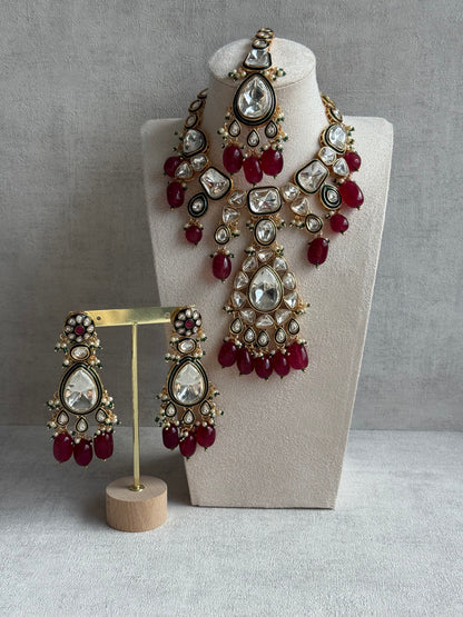 Ayura Designs Serhat Set – Necklace, Earrings & Tikka with Ruby Red Beads, Green Meenakari, Mirror-Cut Polki Stones & Gold Finish