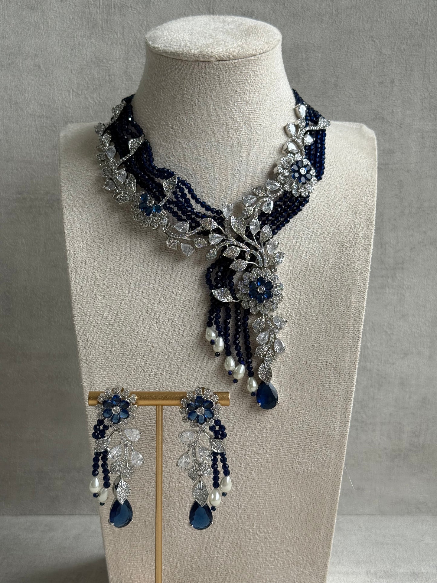 Ayura Designs Chloe Set – Silver Necklace & Earrings with Sapphire Stones, Pearls & Moissanite Detailing