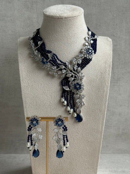 Ayura Designs Chloe Set – Silver Necklace & Earrings with Sapphire Stones, Pearls & Moissanite Detailing