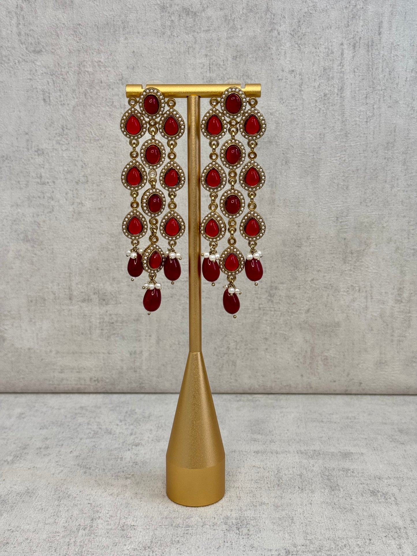 Ayura Designs Mia Earrings – Handcrafted Gold-Toned Cascading Earrings with Red Gemstones, Pearl Accents & Elegant Drop Detailing