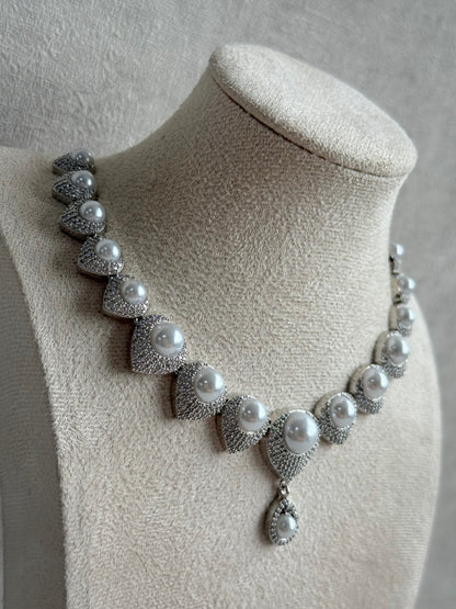 Ayura Designs Juliette Set with Necklace & Drop Earrings – Silver Crystal & Pearl Statement Set