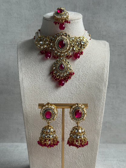 Ayura Designs Muskaan Set – Choker, Jhumkis & Tikka with Fuchsia Beads, Kundan Stones & Antique Gold Finish
