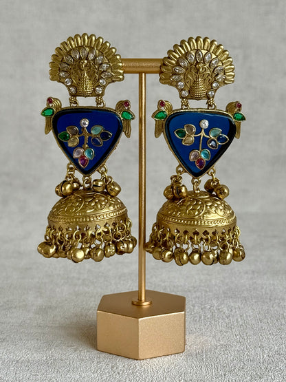 Ayura Designs Makali Earrings – Midnight Blue Enamel with Multicolour Stones & Antique Gold Jhumkis