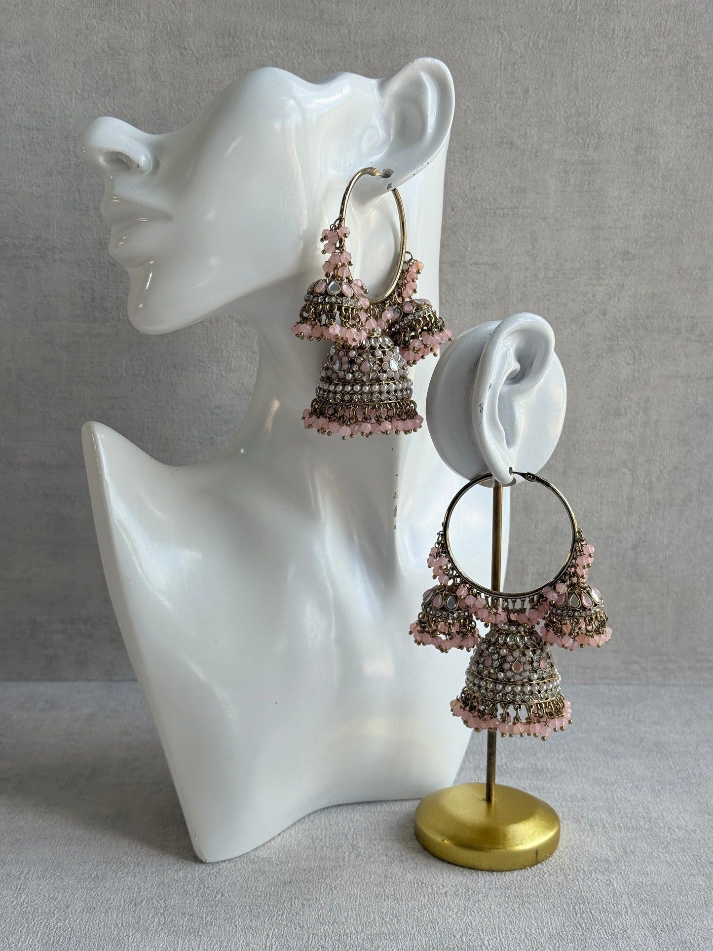 Ayura Designs Jindri Balis – Blush Pink & Antique Gold Triple Jhumki Earrings with Mirror-Cut Stones & Pearl Detailing