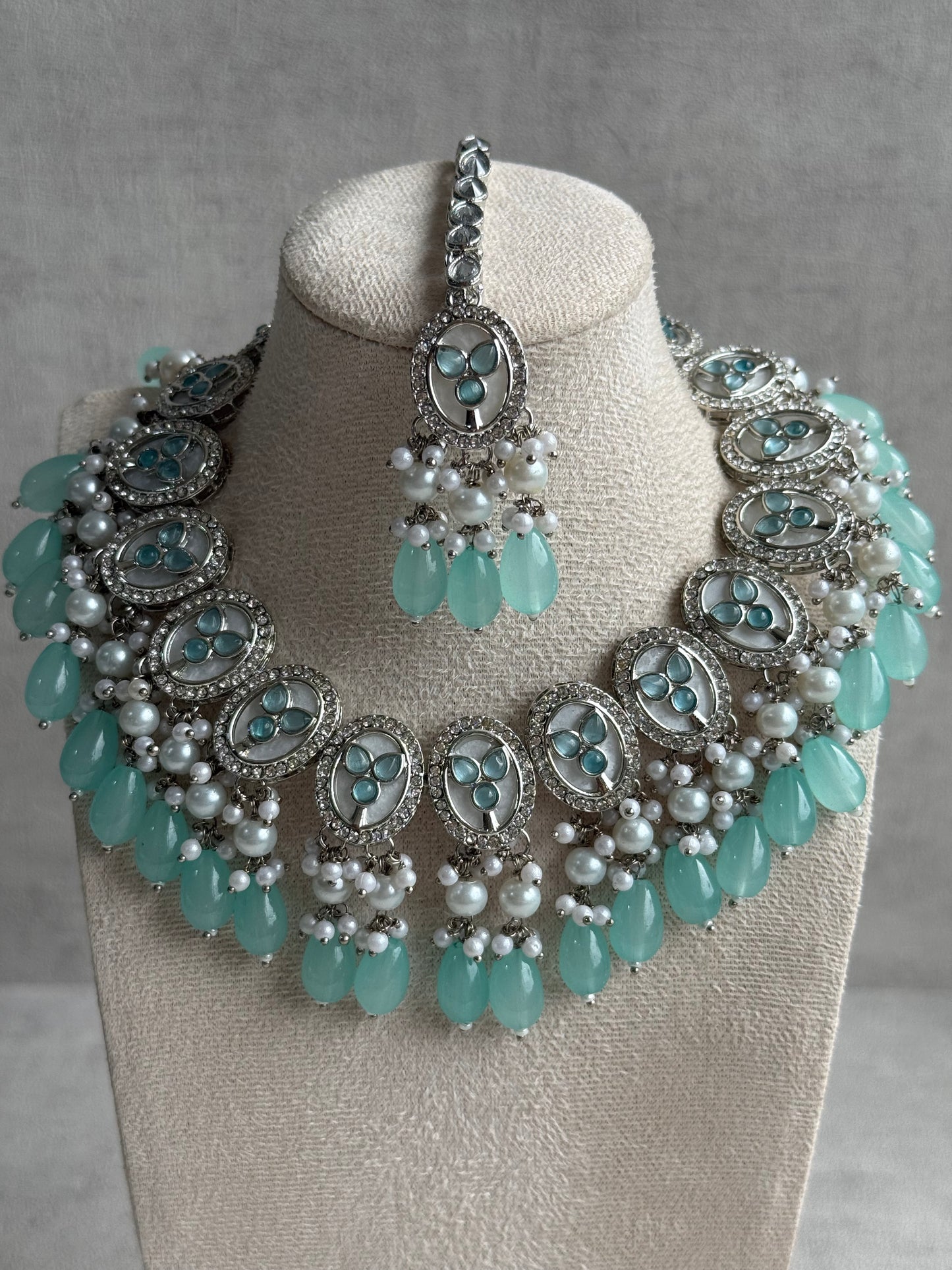 Ayura Designs Linza Set – Necklace, Earrings & Tikka in Aqua Blue & Pearl with Silver Finish