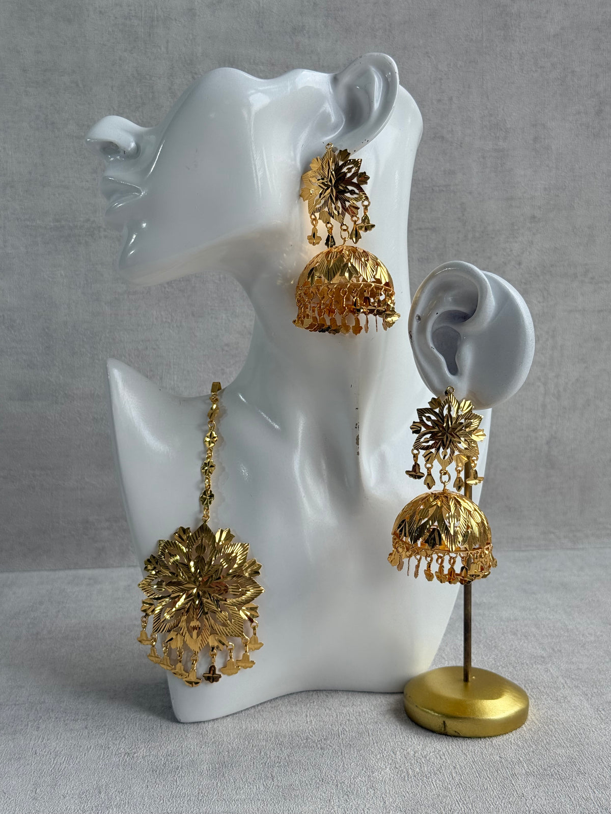 Ayura Designs Mutiyar Tikka Set with Jhumkis – Gold Floral Design with Pippal Patti Drops