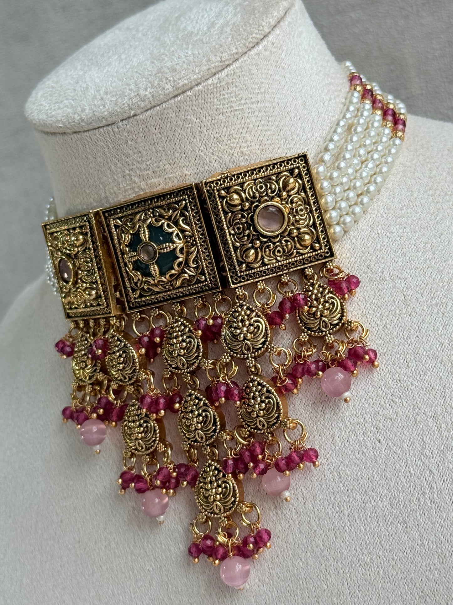 Ayura Designs Samera Choker Set with Earrings & Tikka – Rani Pink & Blush Pink Beads, Green Centre Stone, Floral Motifs & Antique Gold Finish
