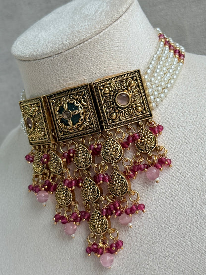 Ayura Designs Samera Choker Set with Earrings & Tikka – Rani Pink & Blush Pink Beads, Green Centre Stone, Floral Motifs & Antique Gold Finish