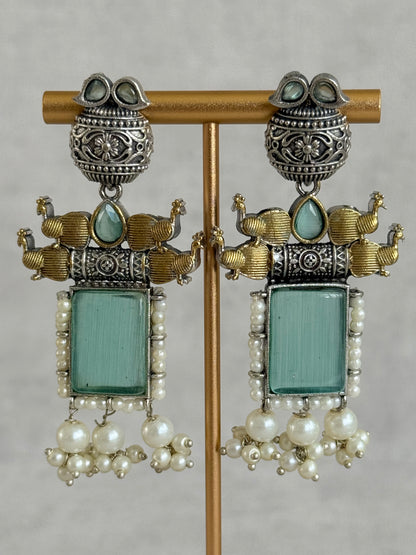 Ayura Designs Khaak Earrings – Oxidised Statement Earrings with Peacock Motifs, Aqua Green Stones & Pearl Clusters