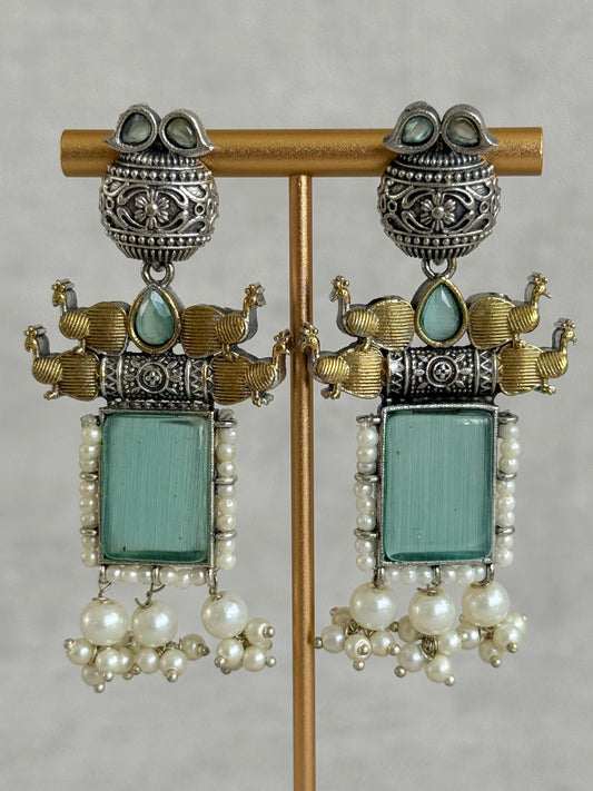 Ayura Designs Khaak Earrings – Oxidised Statement Earrings with Peacock Motifs, Aqua Green Stones & Pearl Clusters