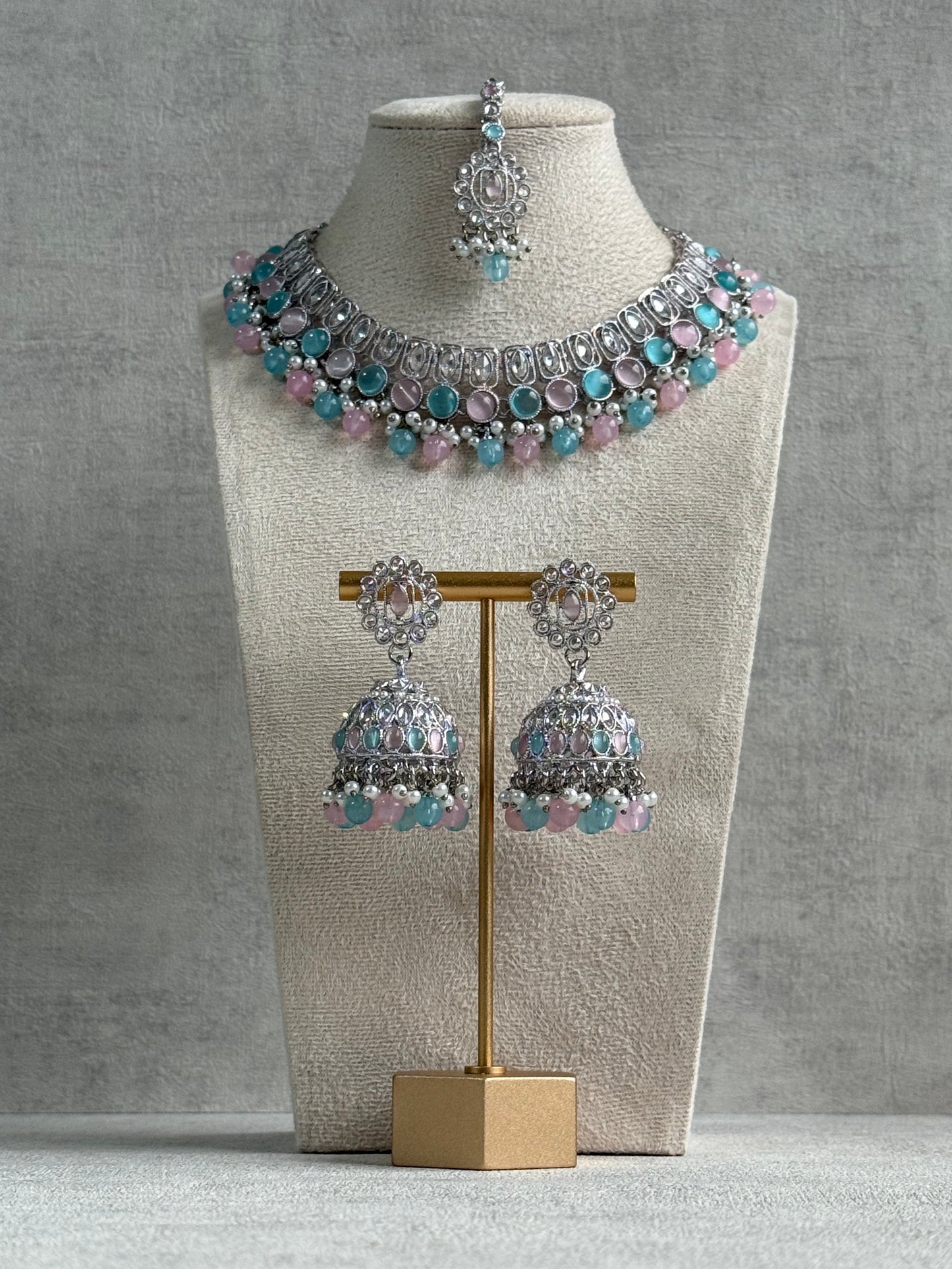 Ayura Designs Rayal Set – Silver Necklace, Jhumkis & Tikka with Aqua Blue, Blush Pink & Pearl Detailing