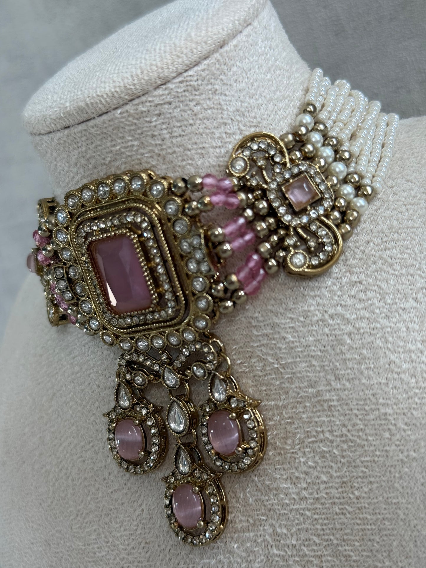 Ayura Designs Nabiha Choker Set with Studs – Blush Pink Stones, Pearl Detailing & Antique Gold Finish