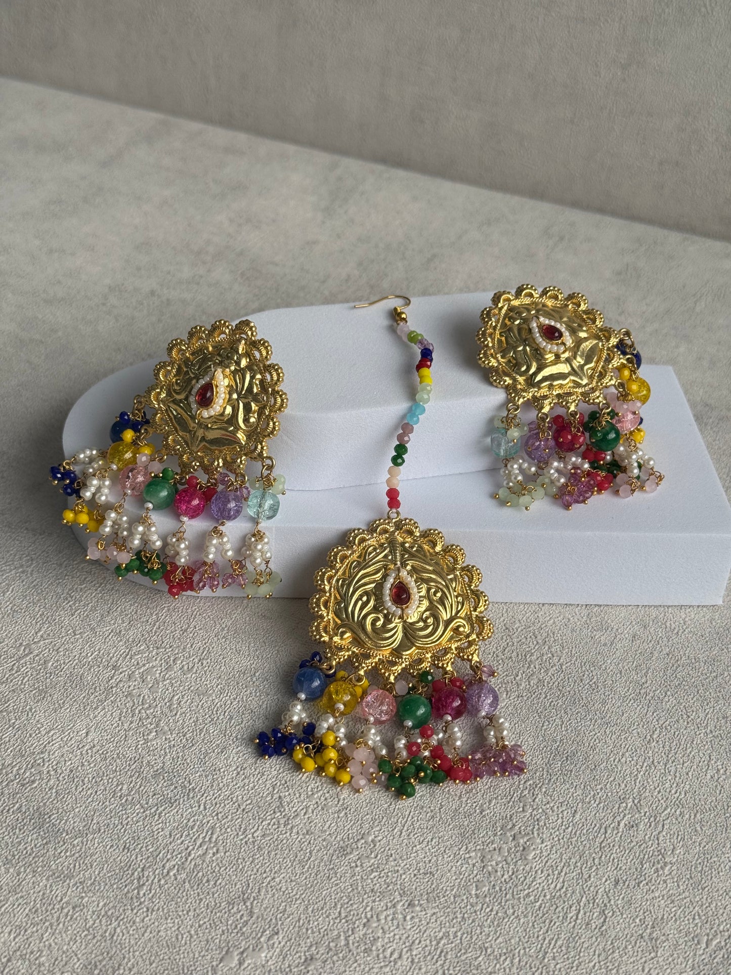Ayura Designs Rangoli Tikka Set with Earrings – Antique Gold Finish, Multicolour Beads & Pearl Detailing
