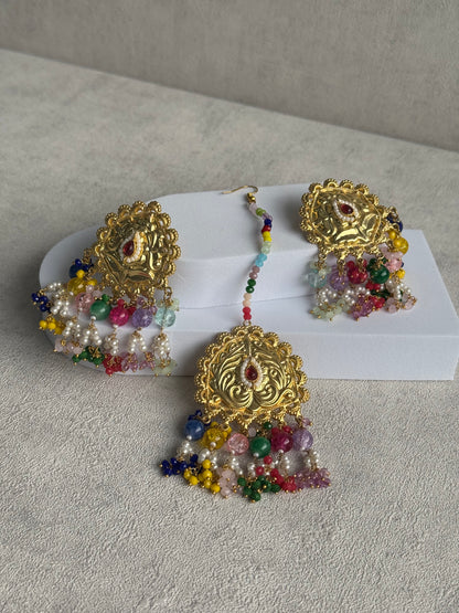 Ayura Designs Rangoli Tikka Set with Earrings – Antique Gold Finish, Multicolour Beads & Pearl Detailing
