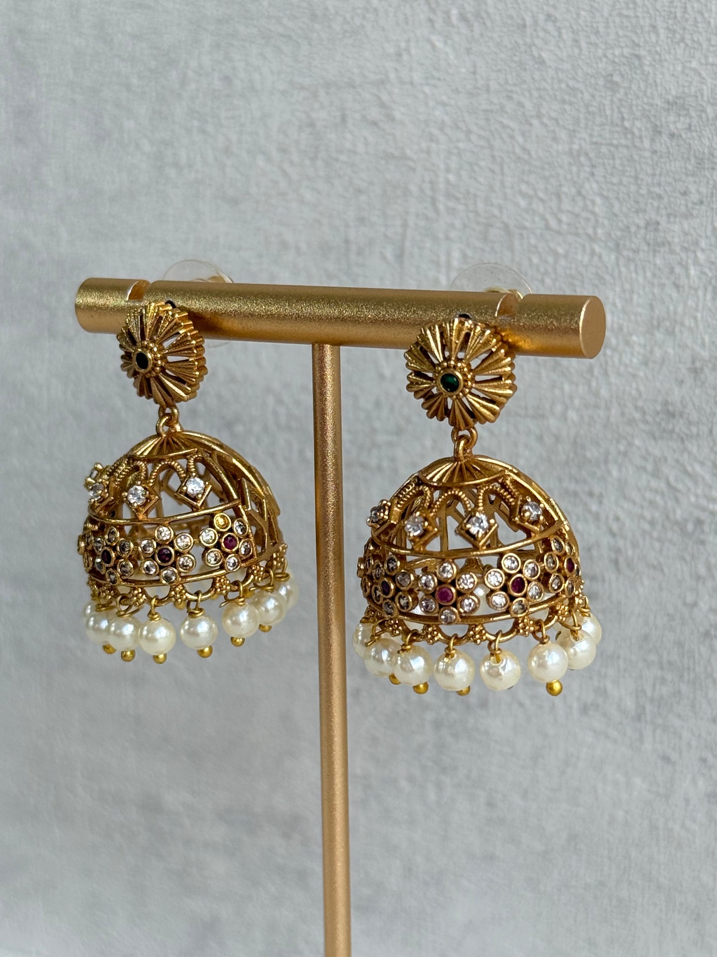 Ayura Designs Parul Jhumkis – Antique Gold with Multicolour Stones & Pearl Drops