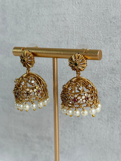 Ayura Designs Parul Jhumkis – Antique Gold with Multicolour Stones & Pearl Drops