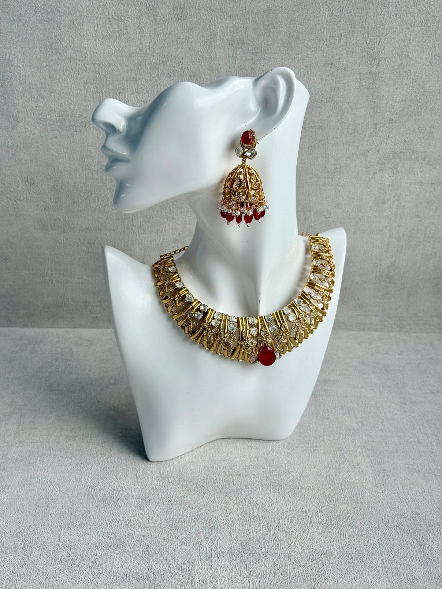 Ayura Designs Rami Collar Set with Jhumkis – Sculpted Gold Collar with Ruby Red Stone and Crystal Detailing