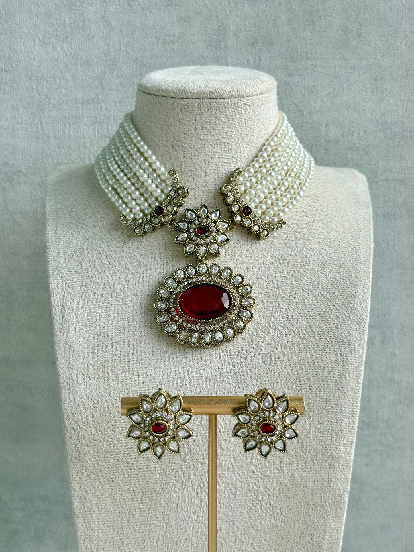 Ayura Designs Amaya Necklace Set with Studs – Antique Finish in Ruby Red Stones with Pearl Strands