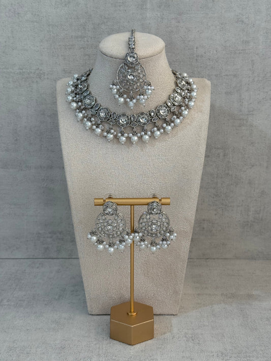 Ayura Designs Zimal Set – Mirror-Cut Stones with Ivory Pearls & Antique Silver Finish